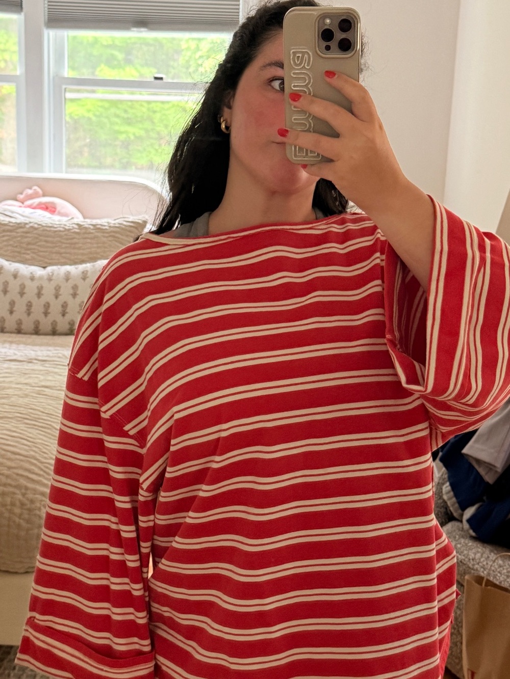 Free People Orange/Red & Cream Striped Relaxed Long Sleeve